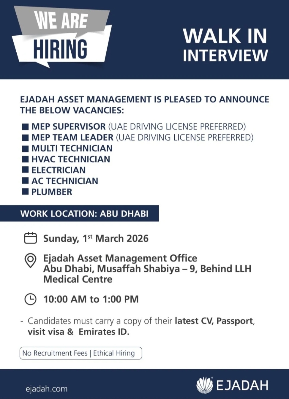 Ejadah Assest  Management Walk in Interview in 2026 , Hiring Supervisor,  team leaders, Hvac technicians,  Electrician...